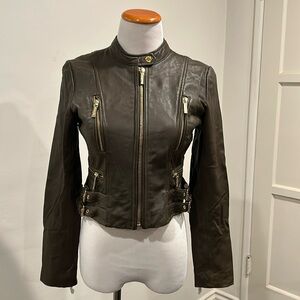 Michael Kors Forrest Green Women’s Leather Biker Jacket Gold Toned Accents NWT
